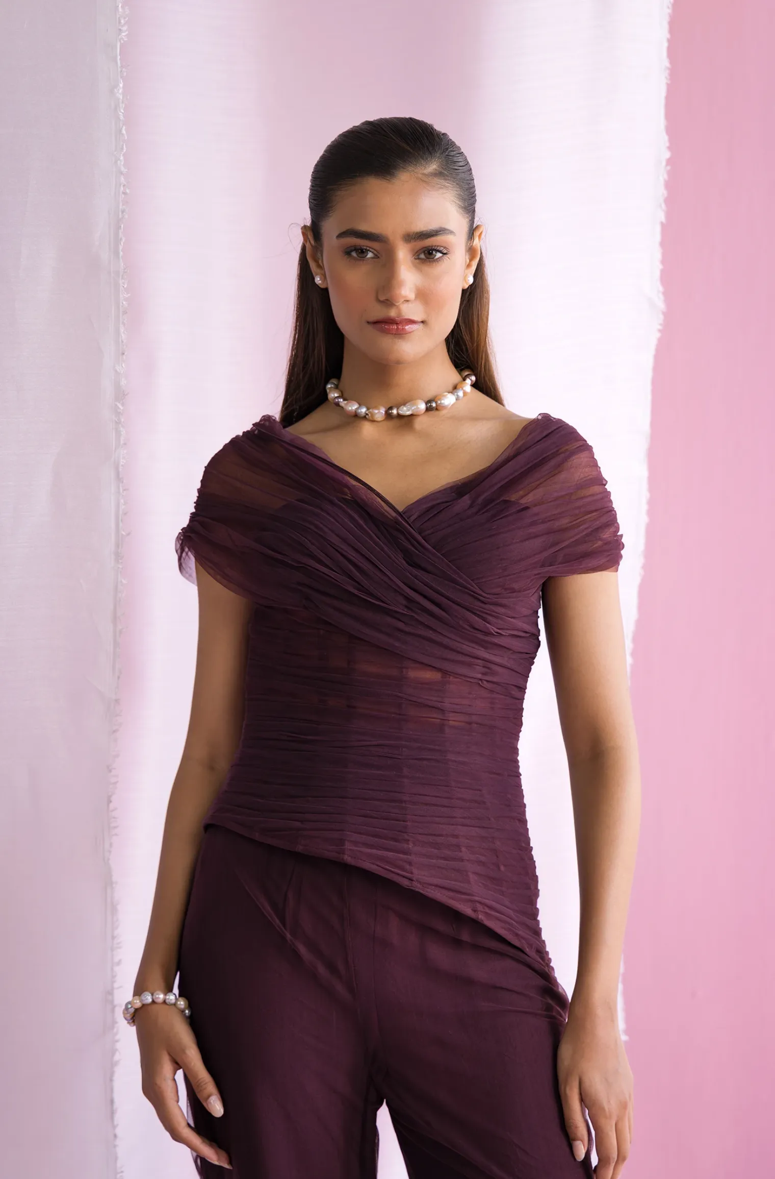 Off Shoulder Draped Top - Deep Wine