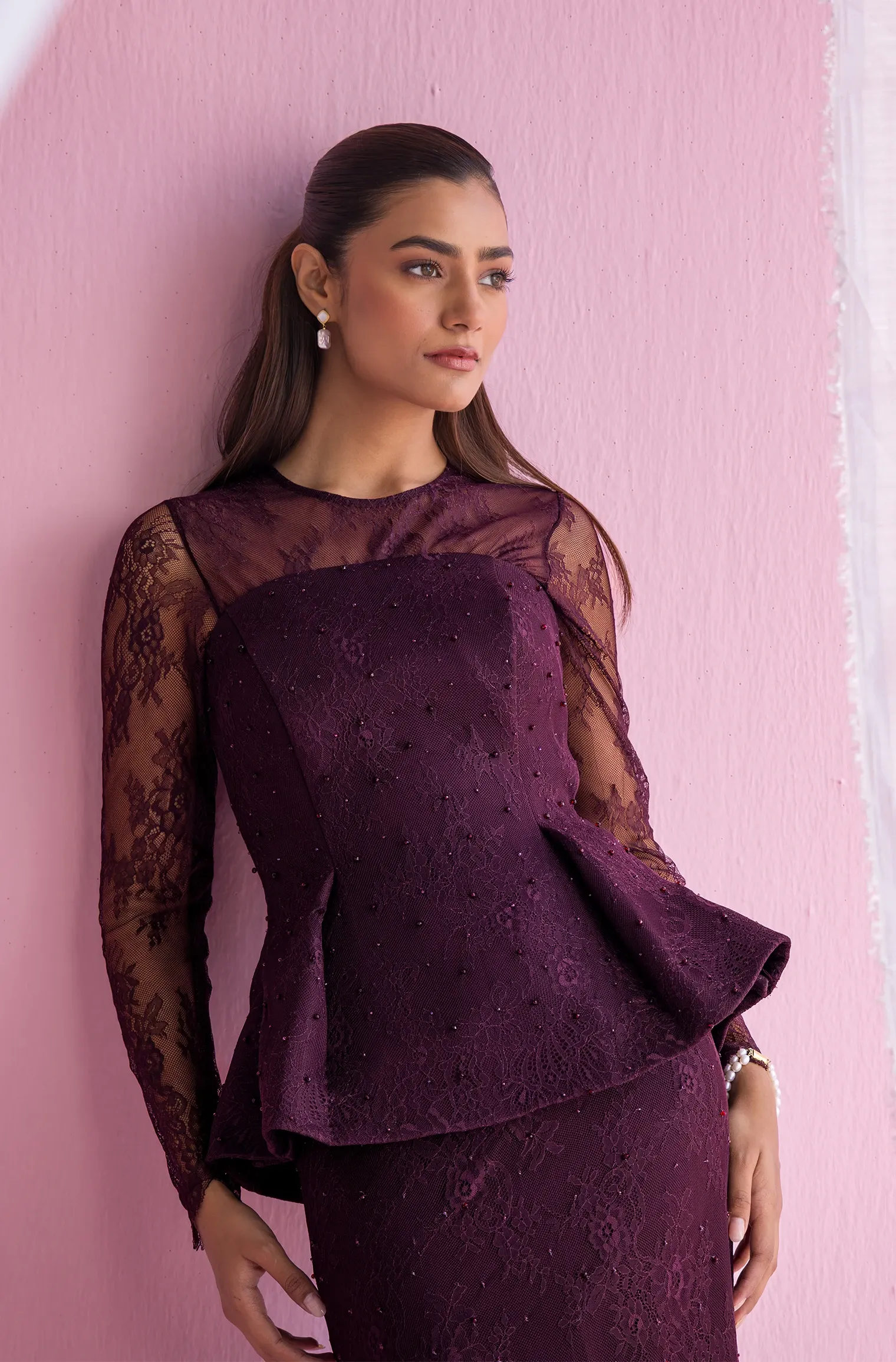 Full Sleeve Sheer Lace Top - Deep Wine