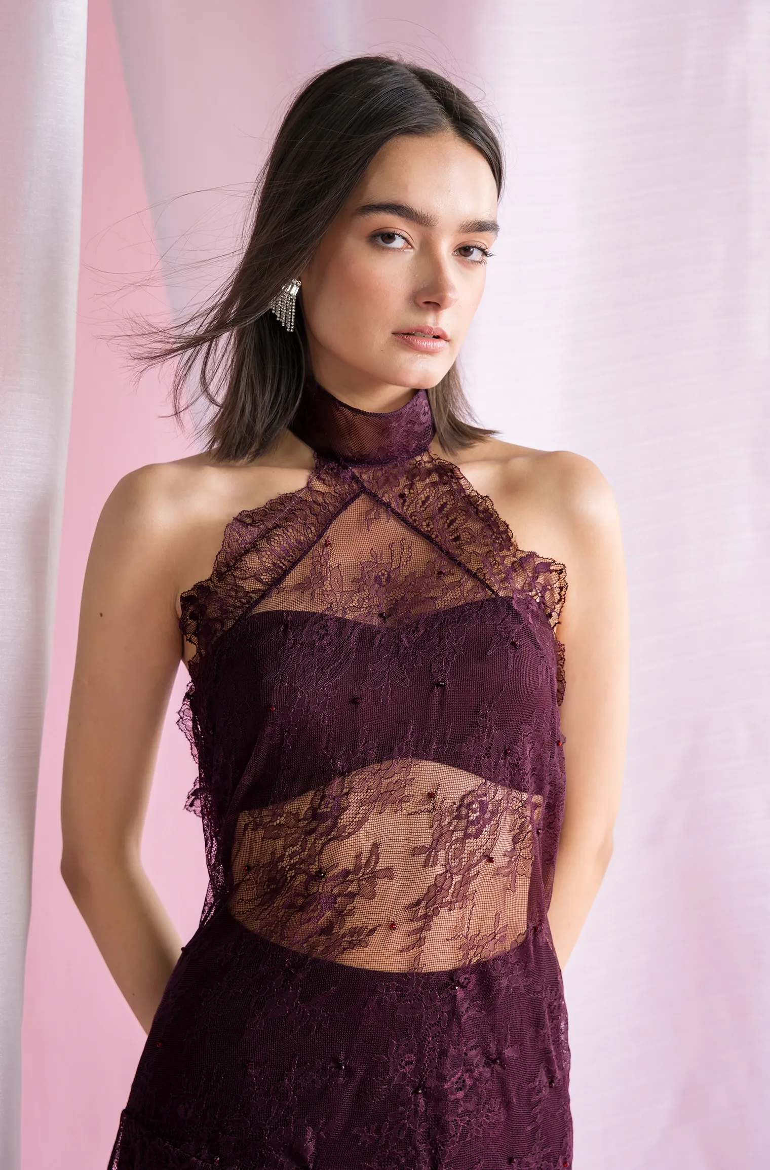 Lace Halter Neck Top - Deep Wine
