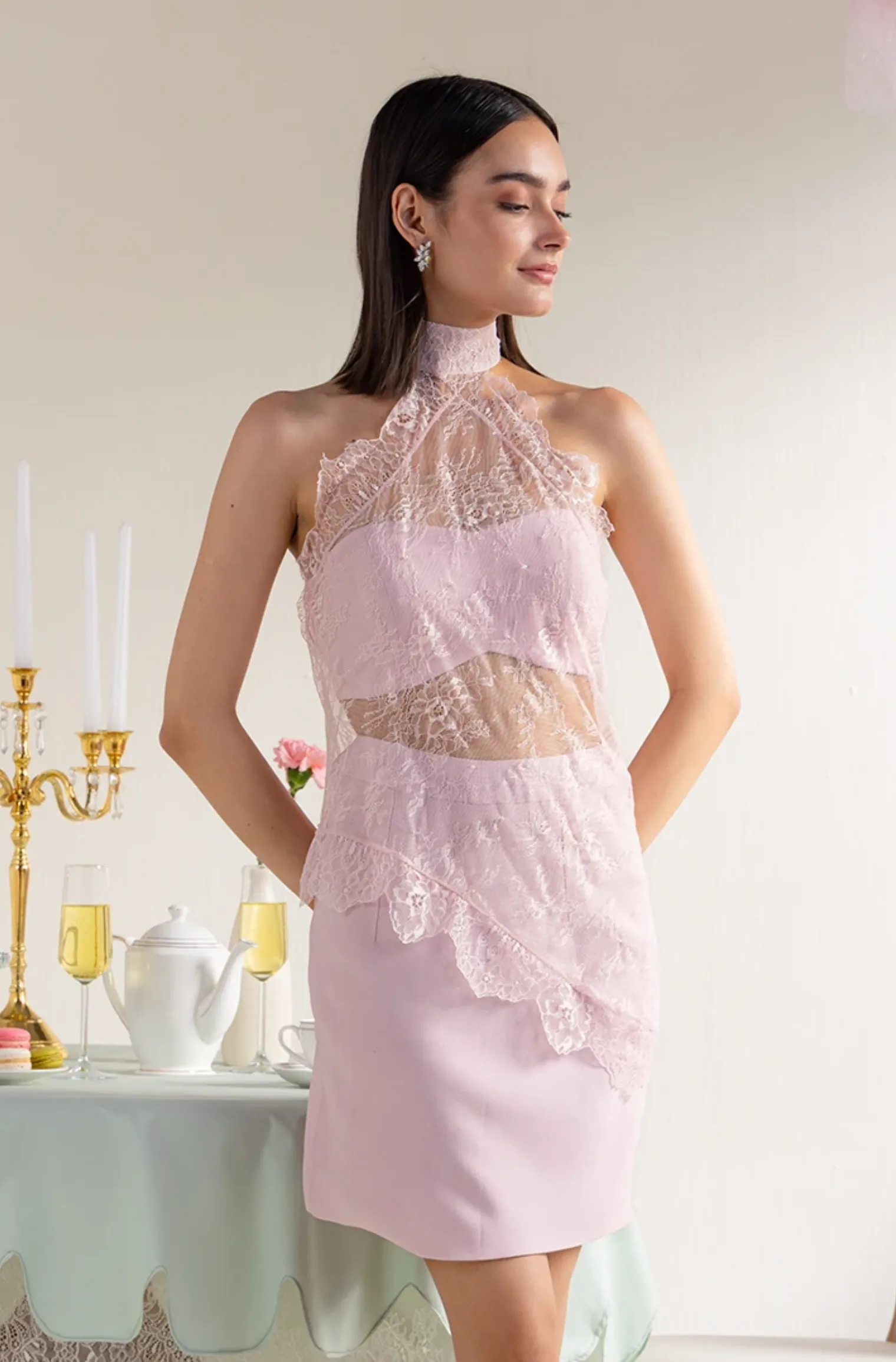 Lace Halter Neck Top - Soft Pink