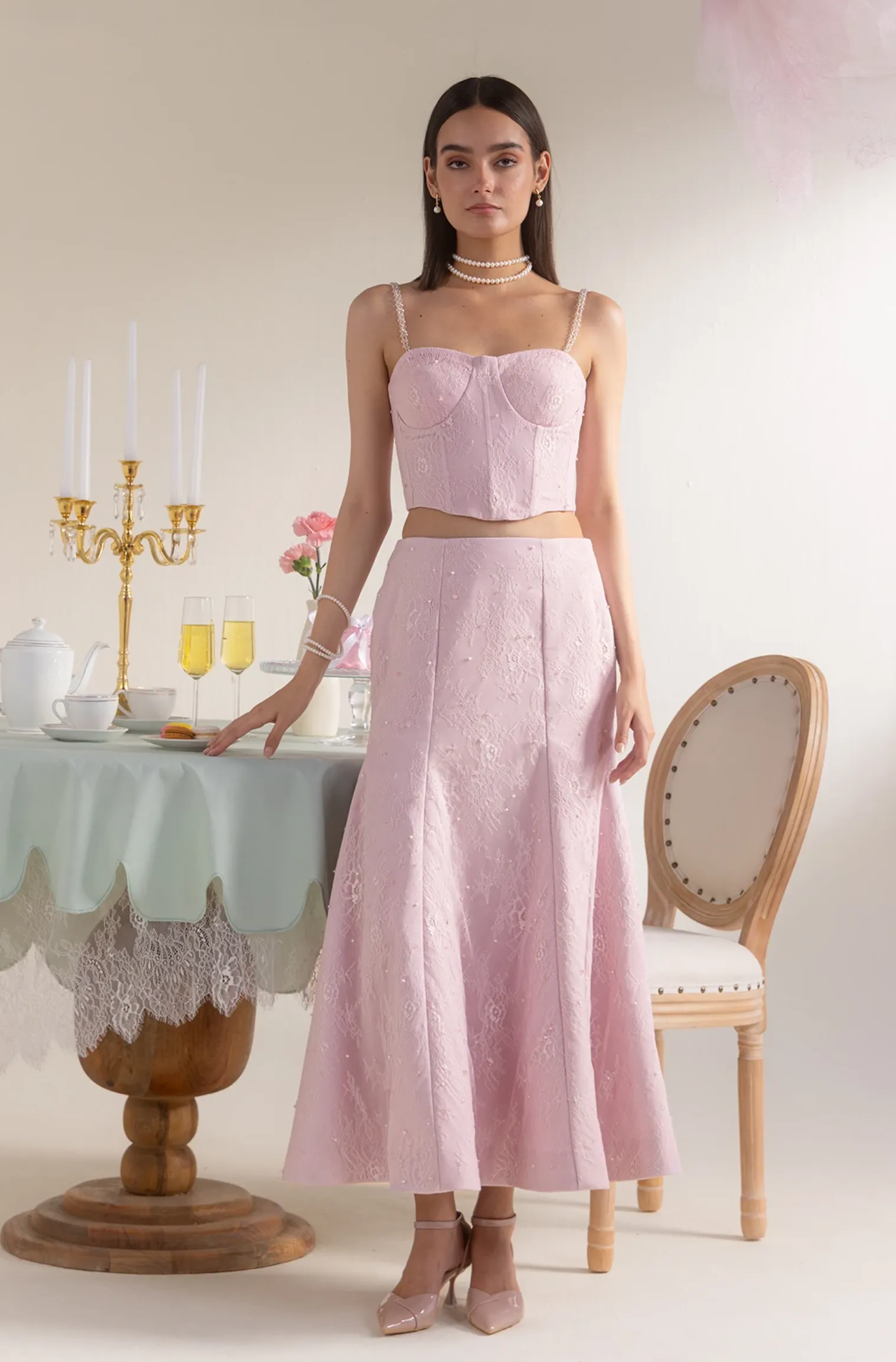 Embellished Lace Corset - Soft pink
