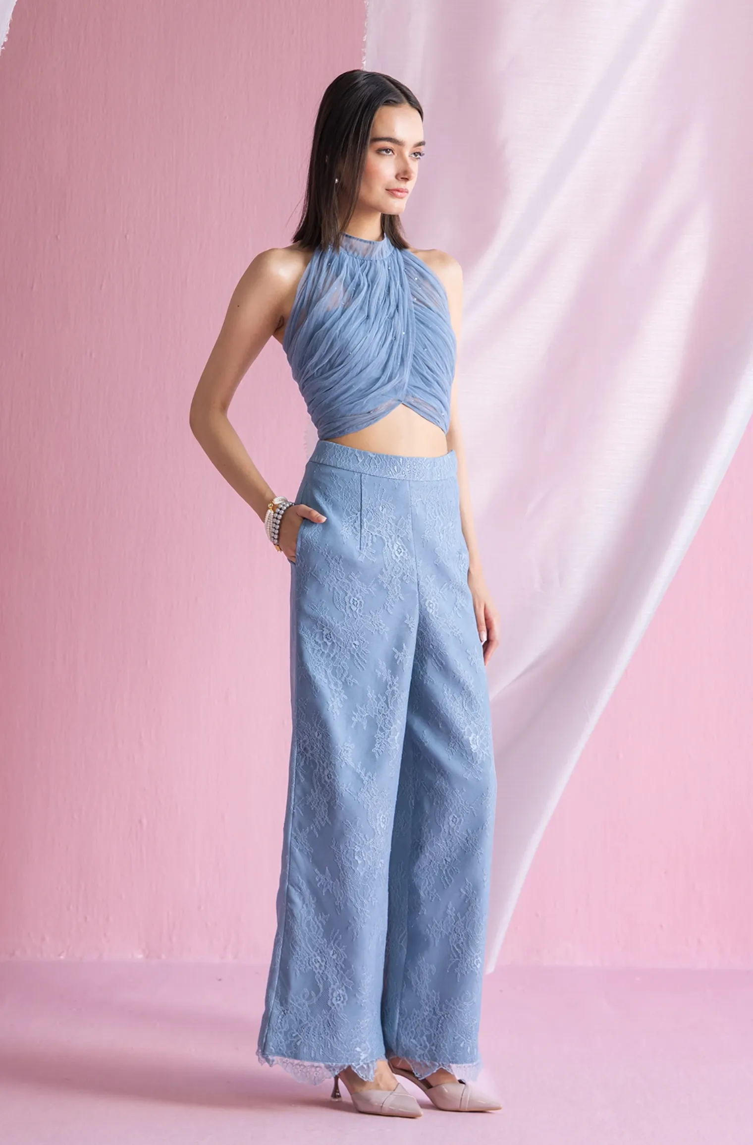 Ruching Halter Neck Top - Pastel Navy