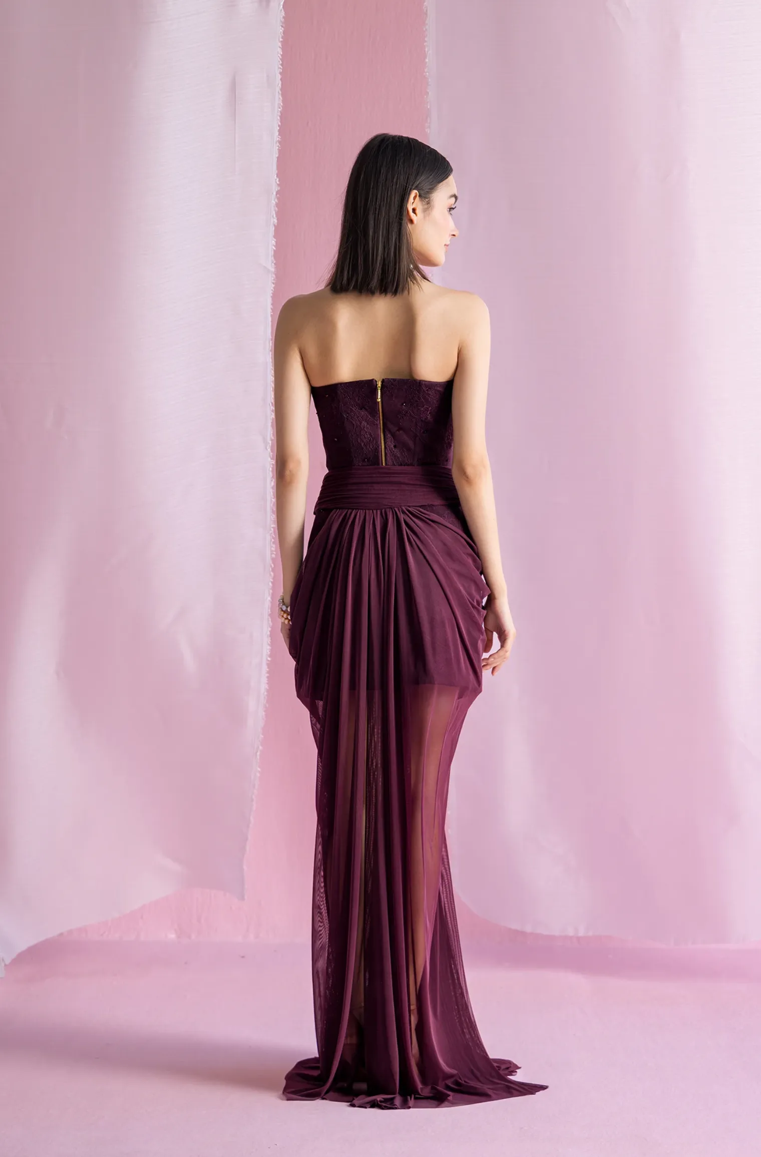 Draped Tulle Skirt - Deep Wine