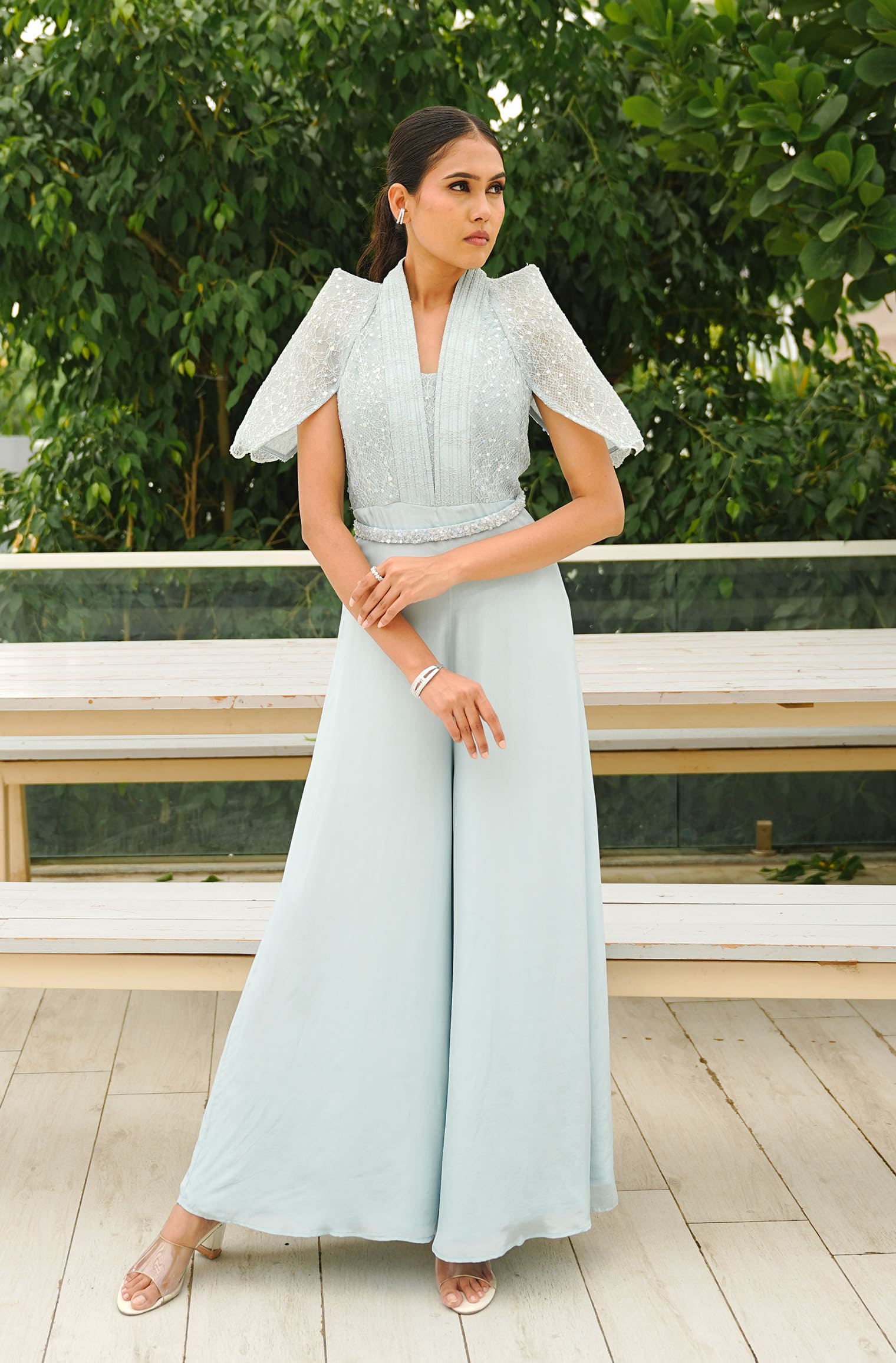 Sleeve Lace Jumpsuit - Blue